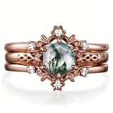 Sterling Silver 10K 14K 18K Gold 2CT Moss Agate Vine Leaf Women's Bridal Ring Sets for Wedding Engagement