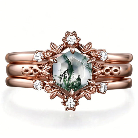 Sterling Silver 10K 14K 18K Gold 2CT Moss Agate Vine Leaf Women's Bridal Ring Sets for Wedding Engagement