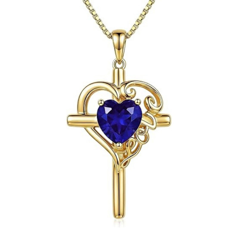 14K Gold  Plated Heart Shape Birthstone  Love Cross Necklace for Women Religious Jewelry