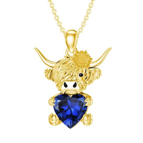 14K Gold Heart Birthstone Highland Cow Pendant Necklace