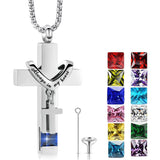 Stainless Steel Birthstones Urn Necklaces for Ashes Cross Cremation Pendant for Men Women Memorial Keepsake Jewelry