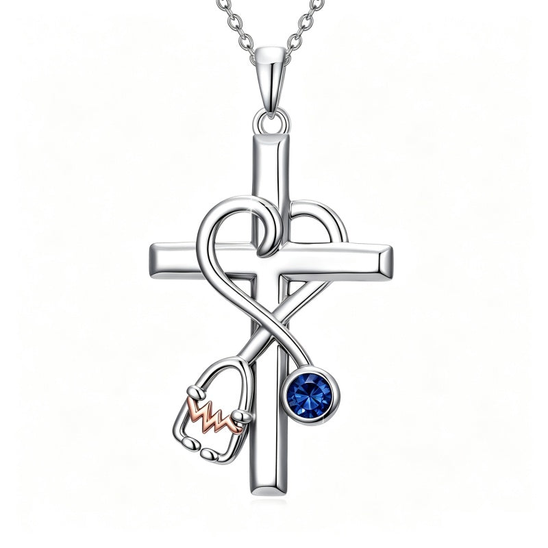 14K Gold Plated  Birthstone Stethoscope Cross Necklace Graduation Gifts for Women RN