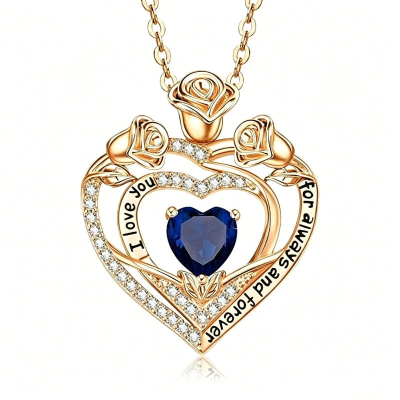14K Gold Plated Rose Heart Birthstone Necklace for Women Engraved with I Love You for Always and Forever