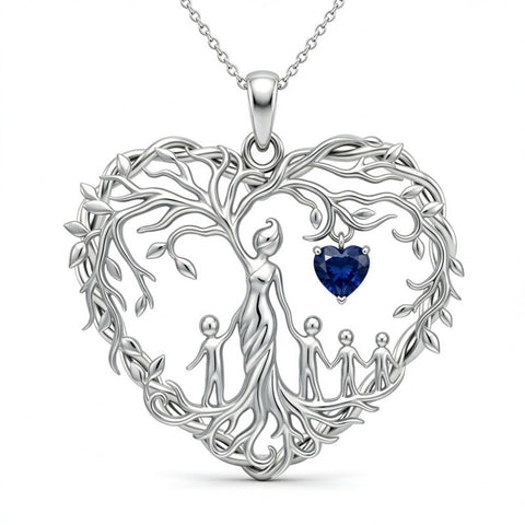 Sterling Silver Heart Pendant Birthstone Tree of Life Mother Child Family Necklace