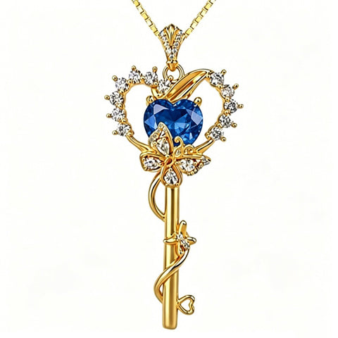 Birthstone Infinity Heart 14K Gold Plated Butterfly Key Pendant Necklace Gift for Her