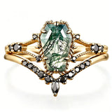 Sterling Silver 10K 14K 18K Gold 2CT Moss Agate Vine Leaf Women's Bridal Ring Sets for Wedding Engagement