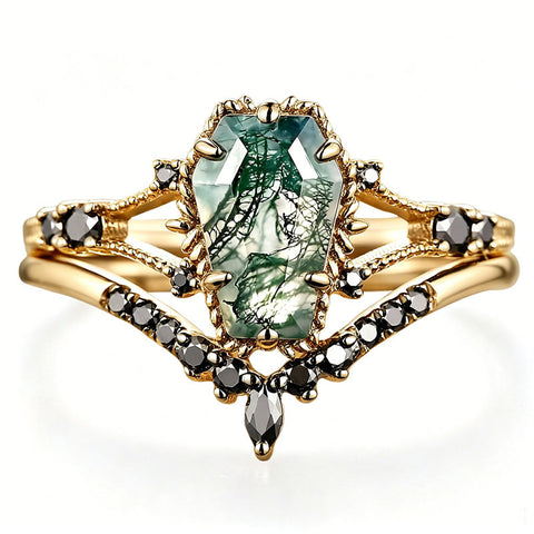 Sterling Silver 10K 14K 18K Gold 2CT Moss Agate Vine Leaf Women's Bridal Ring Sets for Wedding Engagement