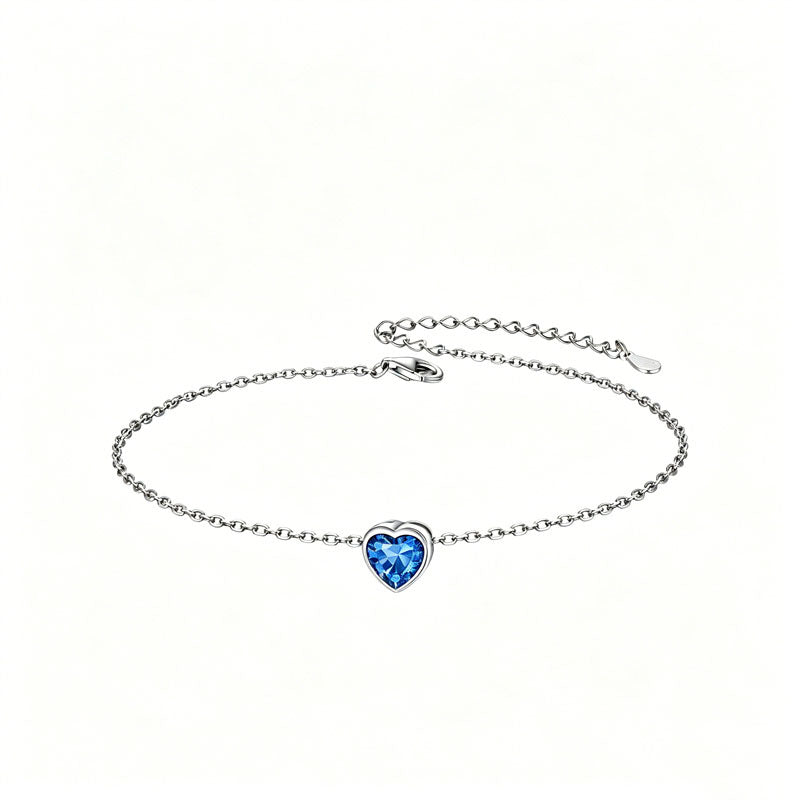 Sterling Silver Simple Dainty Round Heart Birthstone Single Layer Charm Anklet