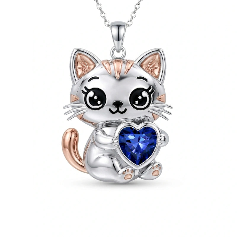 Sterling Silver 12 Month Birthstone Cat Pendant Necklace Birthstone Jewelry Gifts for Birthday