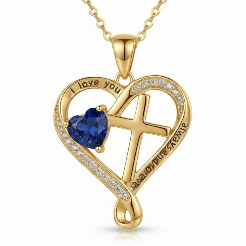 14K Gold Plated Heart  Birthstone Cross Necklace Engraved with I Love You Always and Forever