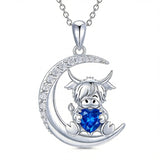 Sterling Silver Round Heart Birthstone Highland Cow Pendant Necklace Fluffy Cow Jewelry Gifts Birthday Christmas