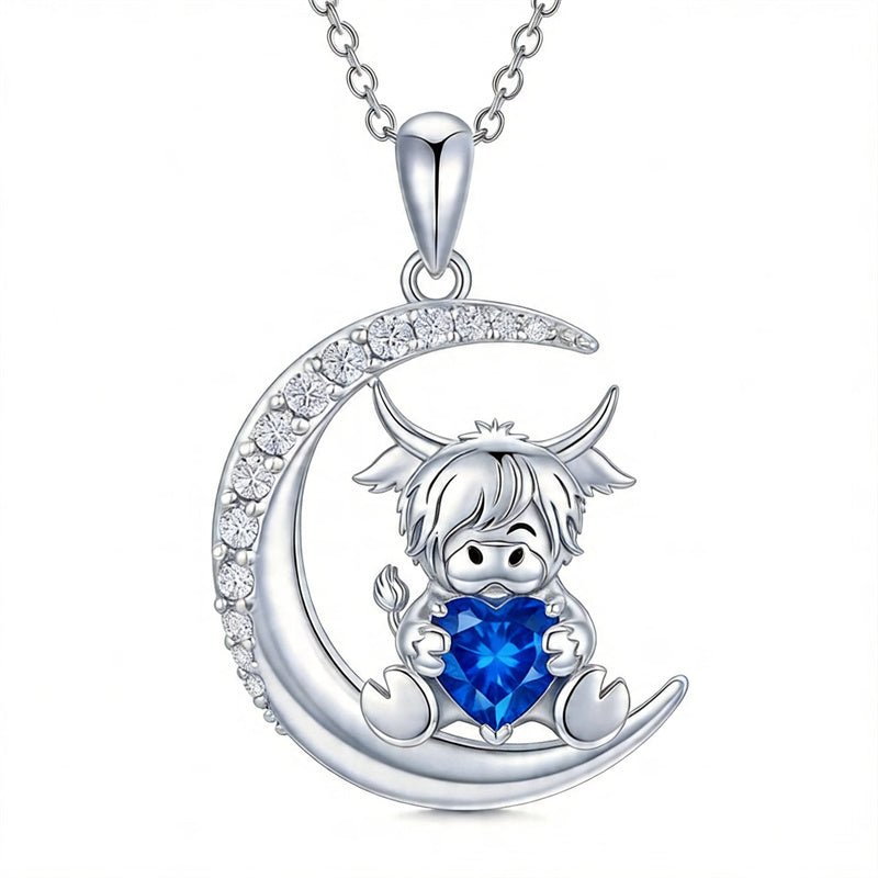 Sterling Silver Round Heart Birthstone Highland Cow Pendant Necklace Fluffy Cow Jewelry Gifts Birthday Christmas