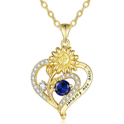 Sterling Sliver Birthstone Love Heart & Sunflower Pendant Necklace Engraved With You Are My Sunshine