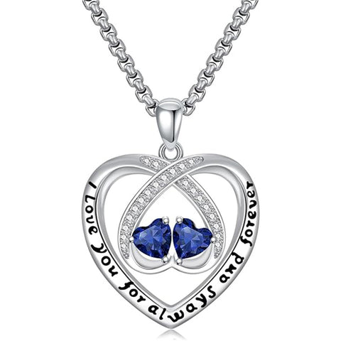 Sterling Silver Double Heart Birthstone Pendant Necklace Engraved with I Love You for Always and Forever