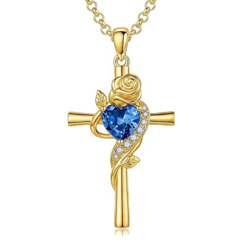 14K Gold Plated Birthstone Rose Cross Necklace for Women Faith Jewelry Gift
