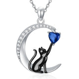 Sterling Silver Heart Birthstone Cat Pendant Necklace