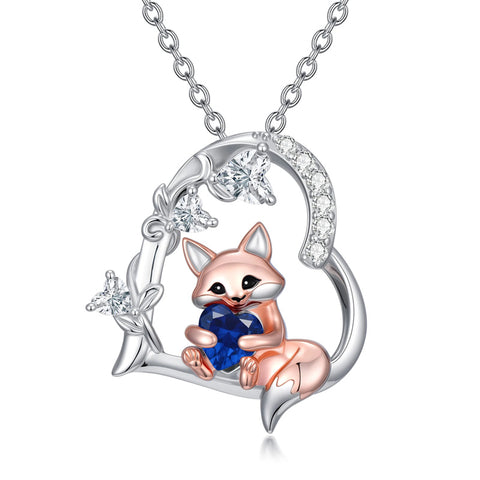 Sterling Silver Heart Birthstone Fox Pendant Necklace