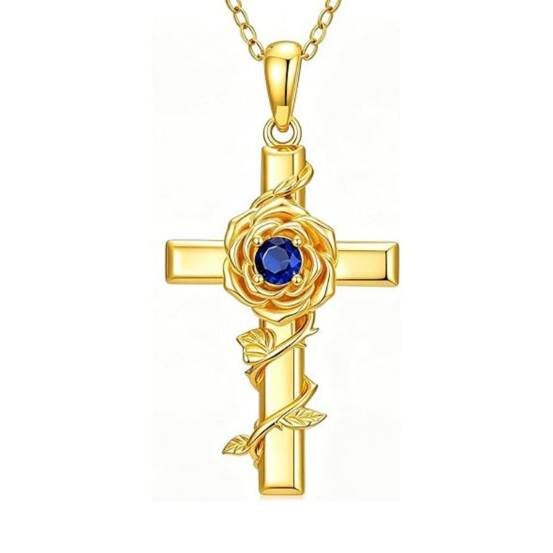 Birthstone Cross 14K Gold Plated Pendant Rose Cross Necklace for Women