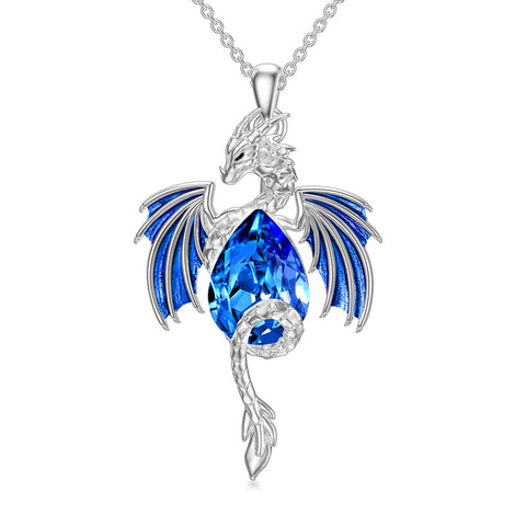 Dragon Necklace for Men Sterling Silver Birthstone Wyvern Necklace Embllished with Teardrop Shaped Crystal Jewelry Gift for Women Girl