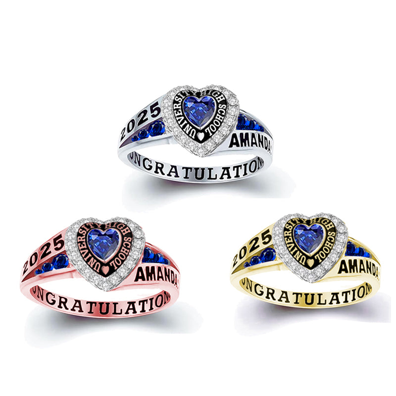 Sterling Silver Personalized Birthstone Engraved Class Rings for Women, College Senior High School Ring