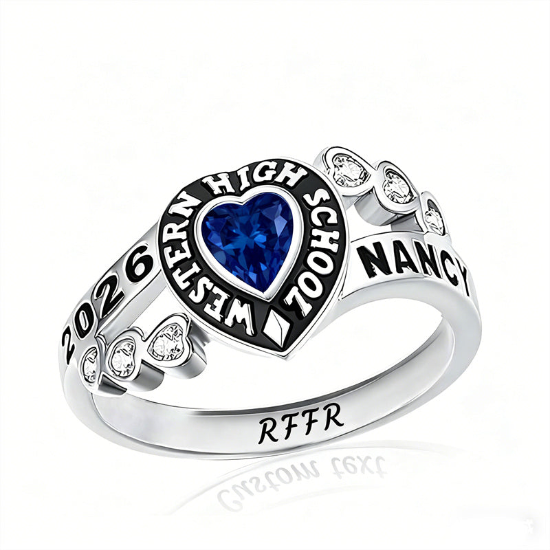 Sterling Silver Personalized Birthstone Engraved Class Rings for Women, College Senior High School Ring