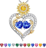 Sterling Silver Double Heart Birthstone Sunflower Necklace Engraved with You Are My Sunshine