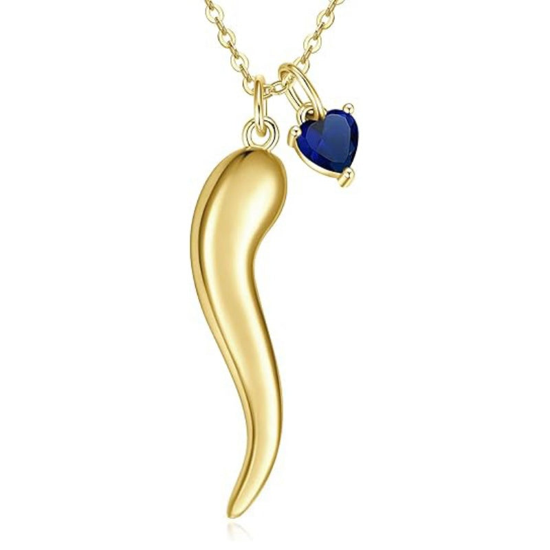 Heart Birthstone 14K Gold Plated Italian Horn Pendant Necklace Anniversary Birthday Gifts for Her