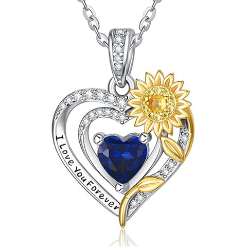 Sterling Silver Heart Birthstone Sunflower Pendant Necklace Engraved with I Love You Forever