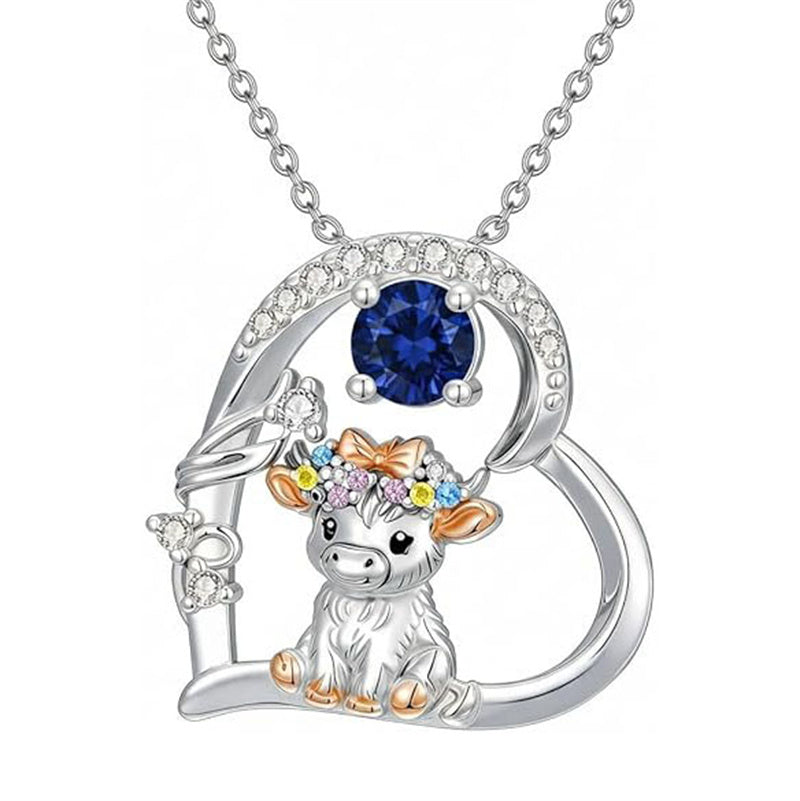 Sterling Silver Round Heart Birthstone Highland Cow Pendant Necklace Fluffy Cow Jewelry Gifts Birthday Christmas