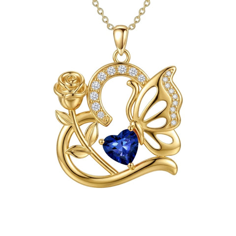 14K Gold Plated Heart Birthstone Rose Mom Butterfly Pendant Necklace for Women