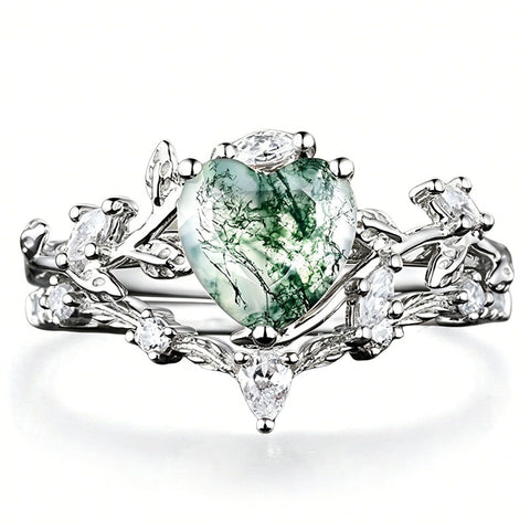 Sterling Silver 2CT Moss Agate  Engagement Wedding Ring Sets for Women