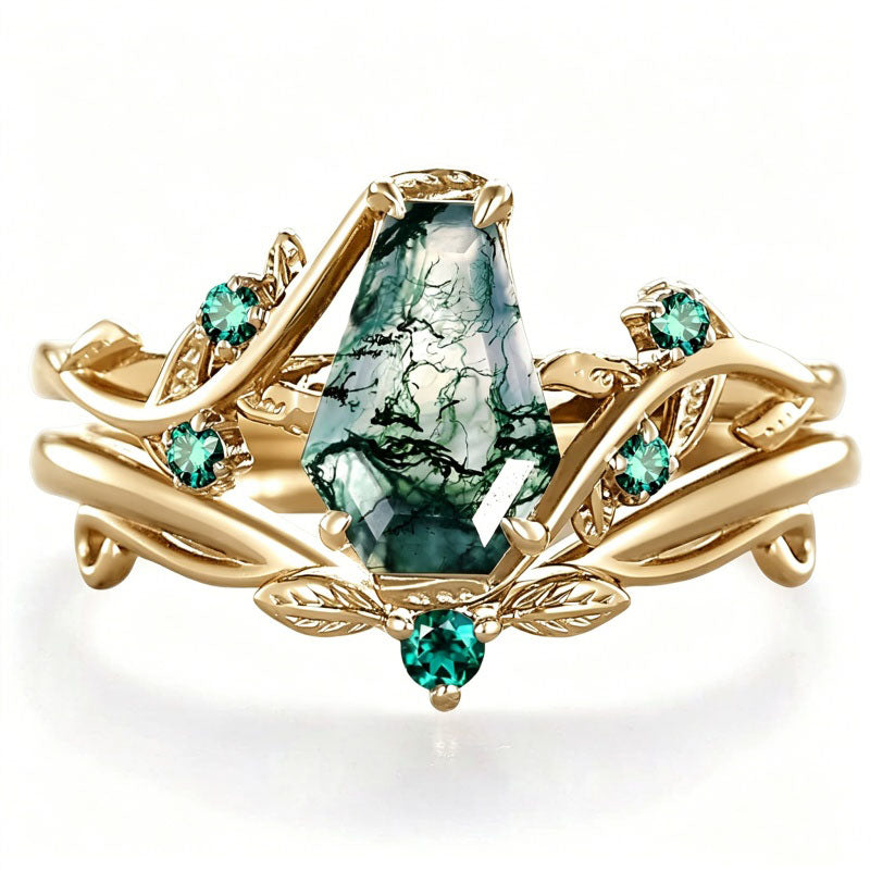 Sterling Silver 2CT Moss Agate  Engagement Wedding Ring Sets for Women