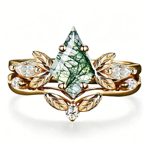 Sterling Silver 2CT Moss Agate  Engagement Wedding Ring Sets for Women