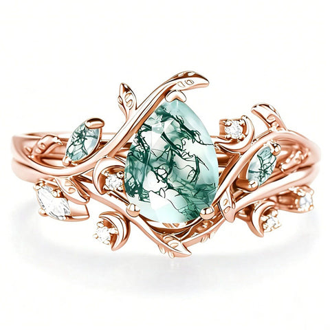 Sterling Silver 2CT Moss Agate  Engagement Wedding Ring Sets for Women