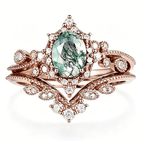 Sterling Silver 2CT Moss Agate  Engagement Wedding Ring Sets for Women