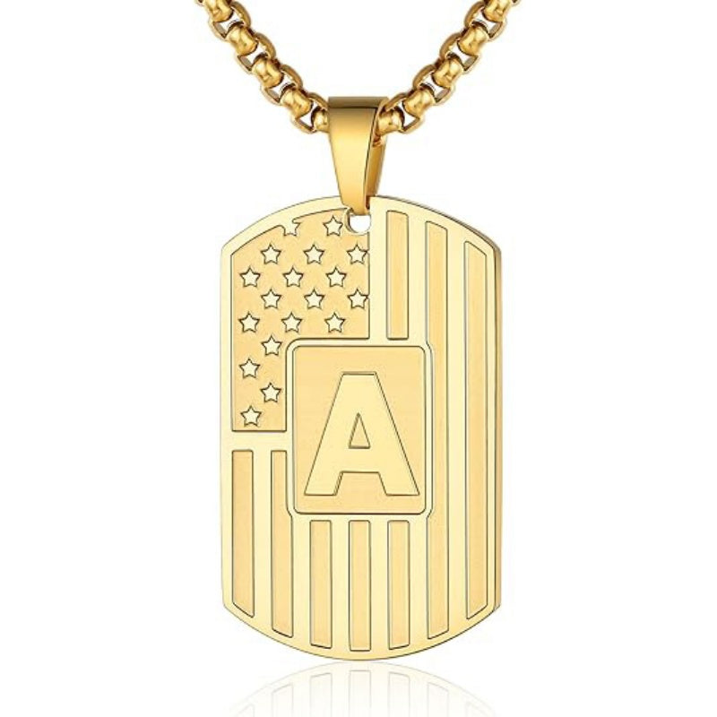 14K Gold Plated Initial A-Z American Flag Dog Tag Necklace for Men