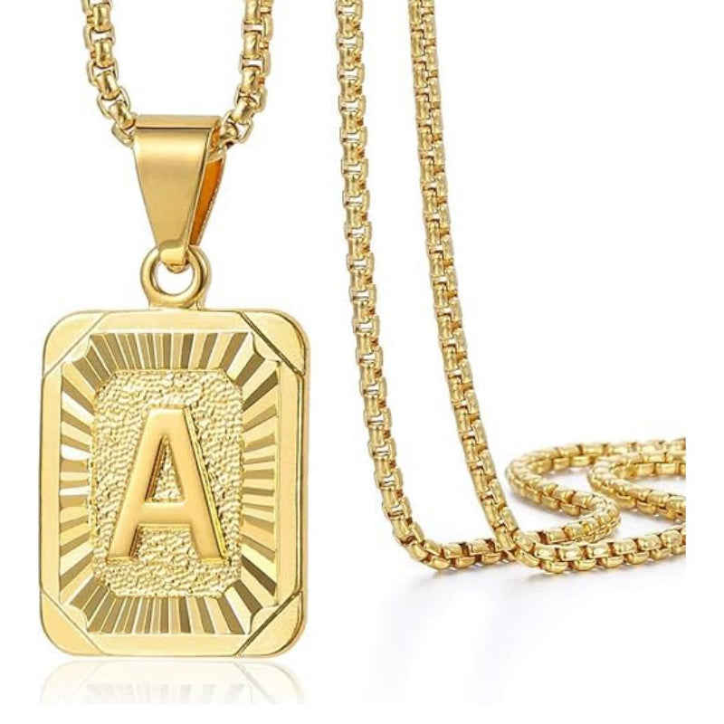14K Gold Plated  Initial A-Z Letter Pendant Necklace Stainless Steel Box Chain 24inch