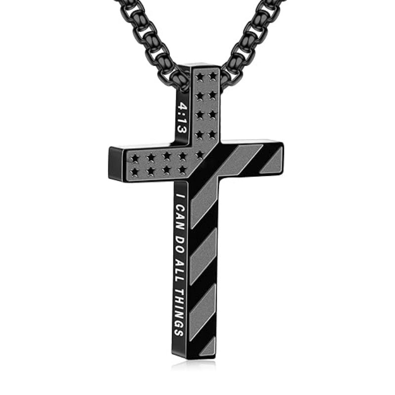 14K Gold Plated Bible Verse American Flag Cross Necklac for Men