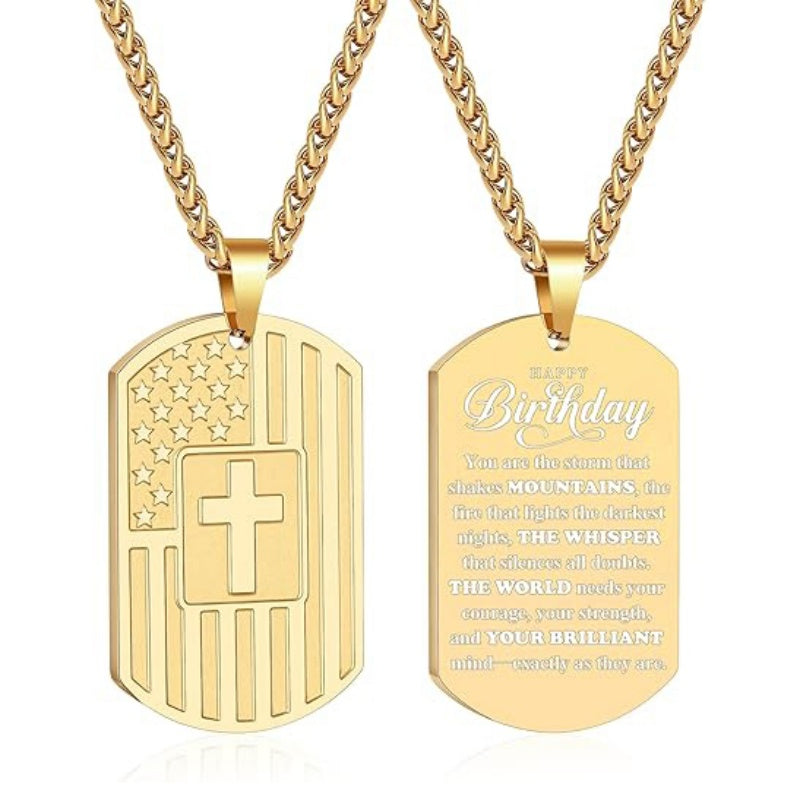 14K Gold Plated American Flag Dog Tag Cross Necklace for Men