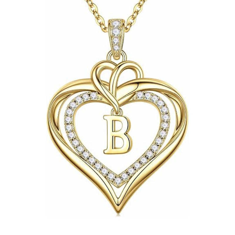 14K Gold Plated Initial Double Heart Pendant Necklace Anniversary Birthday Gifts for Women