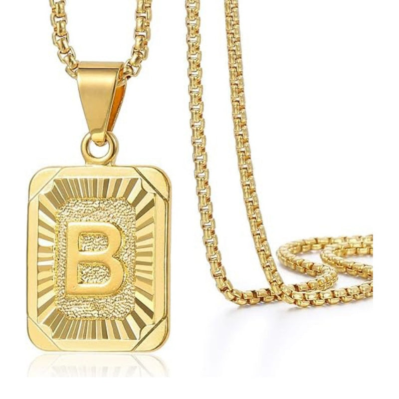 14K Gold Plated  Initial A-Z Letter Pendant Necklace Stainless Steel Box Chain 24inch