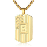 14K Gold Plated Initial A-Z American Flag Dog Tag Necklace for Men