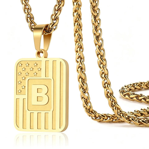 14K Gold Plated  American Flag Initial A-Z Pendant Necklace for Men