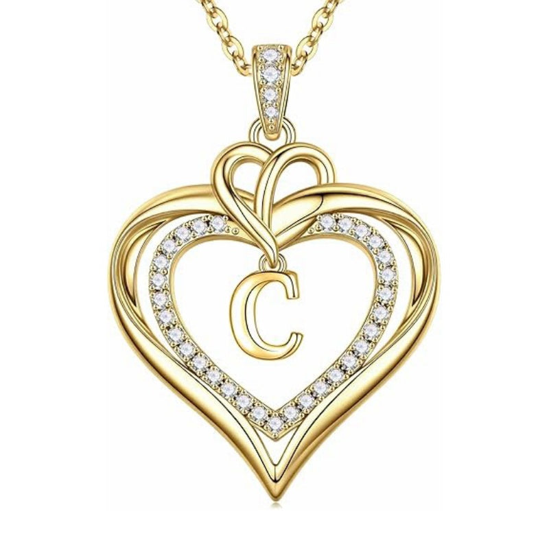 14K Gold Plated Initial Double Heart Pendant Necklace Anniversary Birthday Gifts for Women