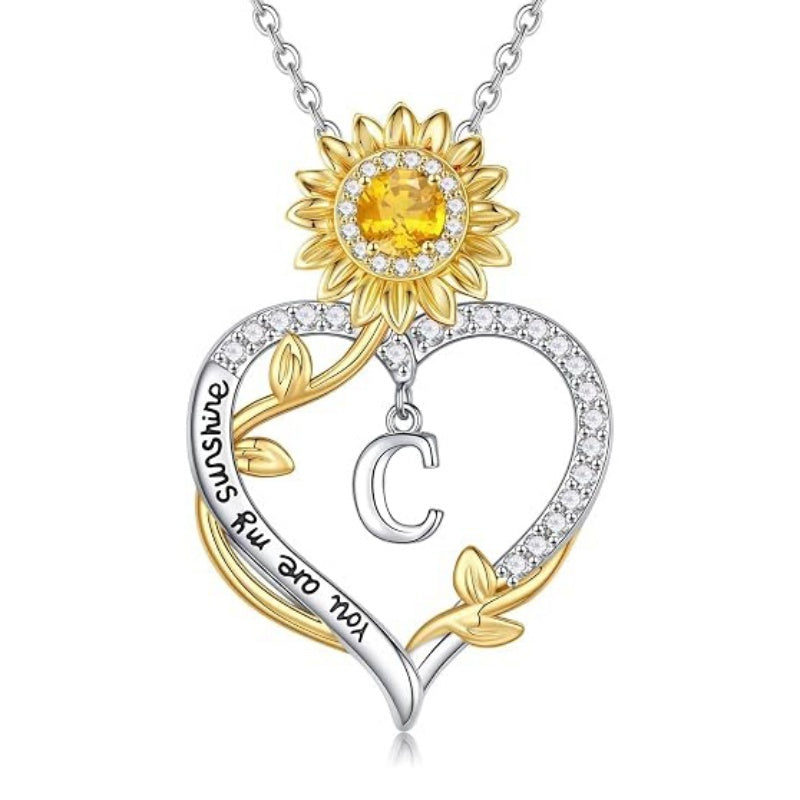 14K Gold Plated Initial Sunflower Pendant Necklace Engraved with You Are My Sunshine