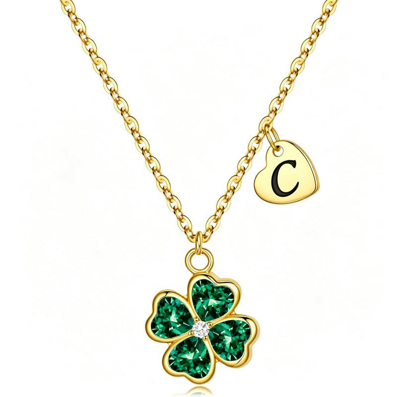 14K Gold Plated Initial Four Leaf Clover Pendant Necklace
