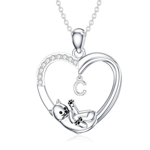 Cat Heart Necklace with Initial Silver Cat Initial Necklace 26 Alphabets Cat Jewelry Gift for Women Girls