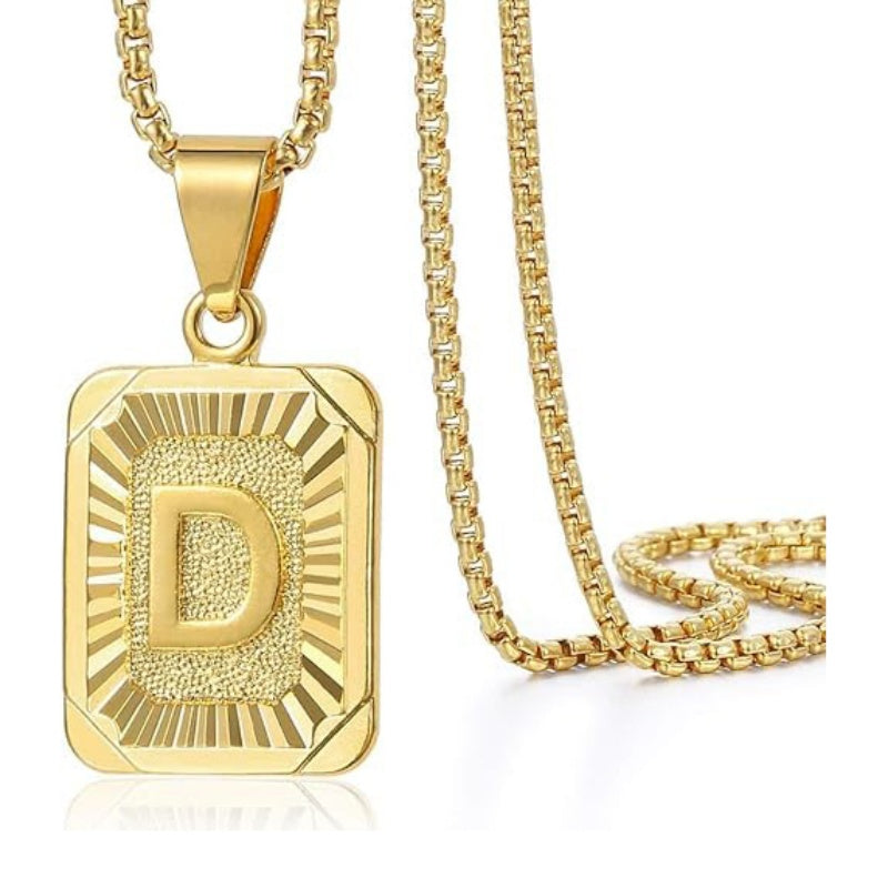 14K Gold Plated  Initial A-Z Letter Pendant Necklace Stainless Steel Box Chain 24inch