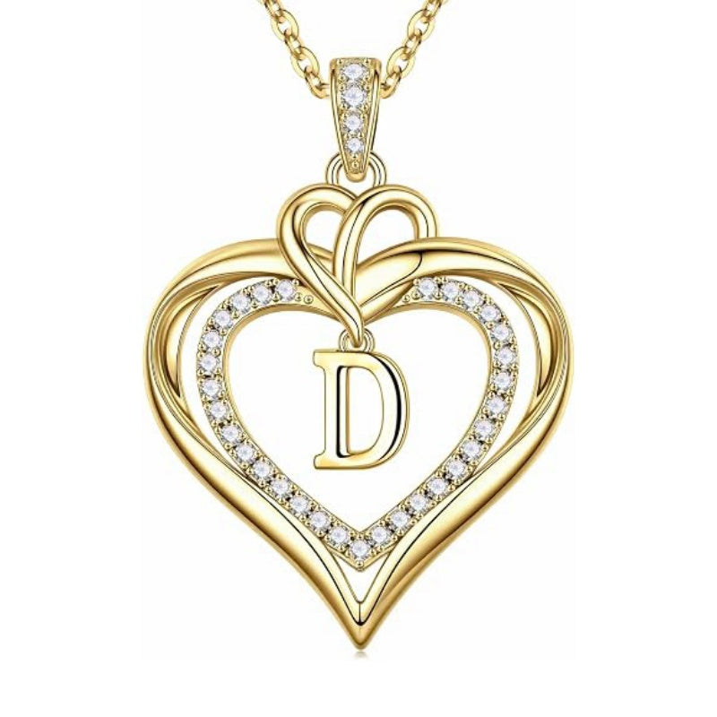 14K Gold Plated Initial Double Heart Pendant Necklace Anniversary Birthday Gifts for Women