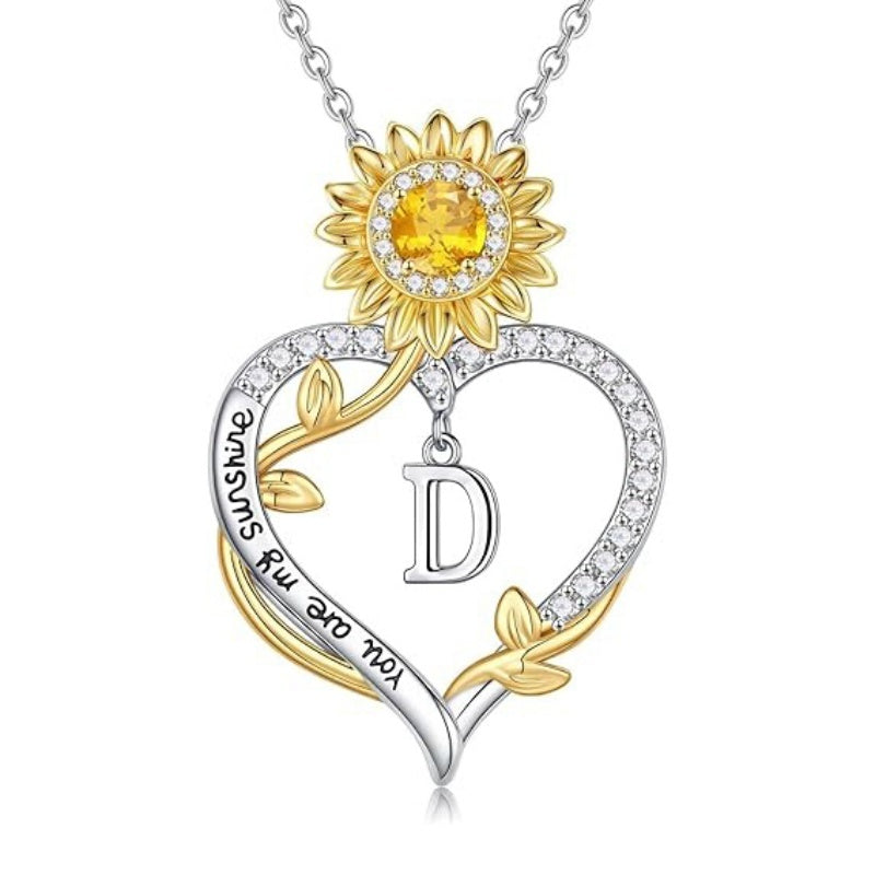 14K Gold Plated Initial Sunflower Pendant Necklace Engraved with You Are My Sunshine